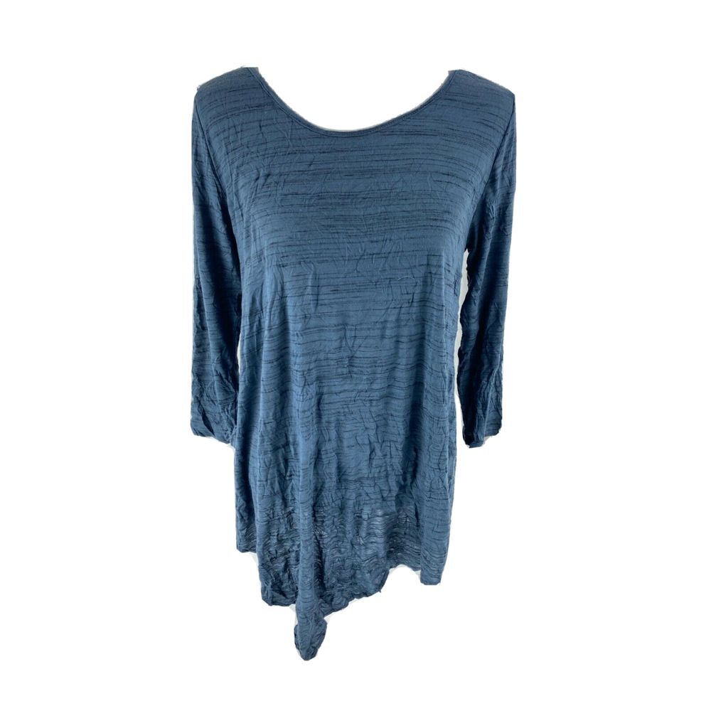 Comfy USA Tunic Top S Small Asymmetric Hem Lagenlook Crinkle Fabric Blue Blouse